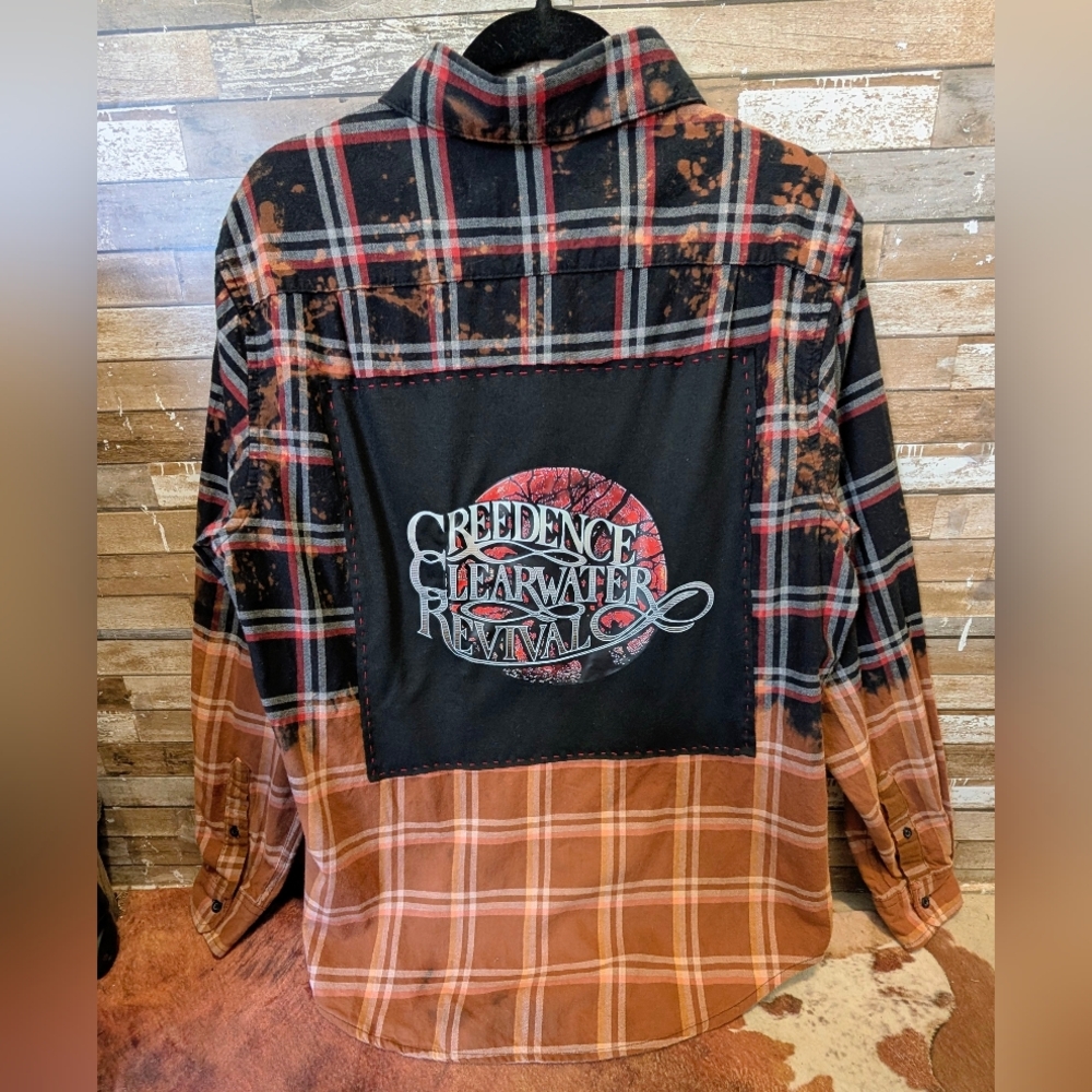 Credence Clearwater Revival Upcycled Dip Dye Bleached Flannel Shirt - Picture 1 of 15